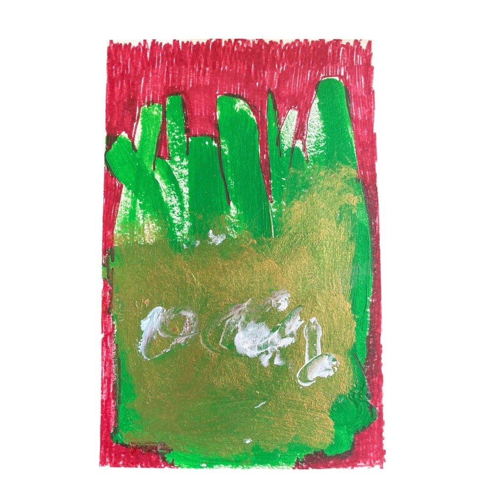 Original Abstract Mixed Media Painting Green Gold Red 5.5x8.5 Expressionist Art